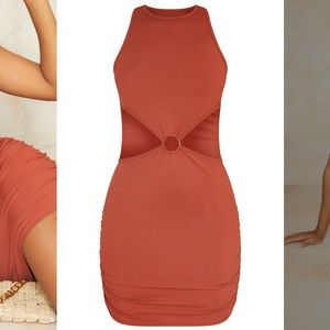 Pretty Little Thing Rust Ribbed Ring Detail Waist Cut Out Sleeveless Bodycon